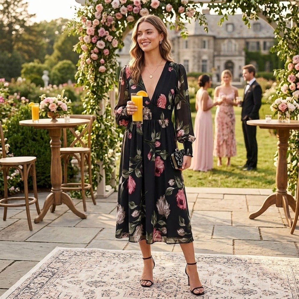 Baltic Born Olivia MIDI Black Pink Floral Smocked Chiffon Dress S ALTERED READ